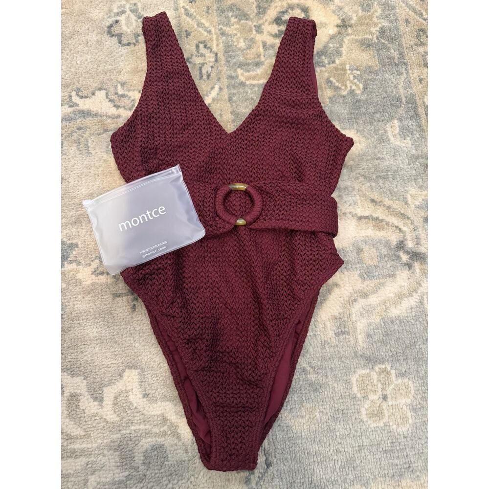 Montce Maroon Crochet Kim One-Piece Belted Swimsuit XL NEW - Picture 4 of 10